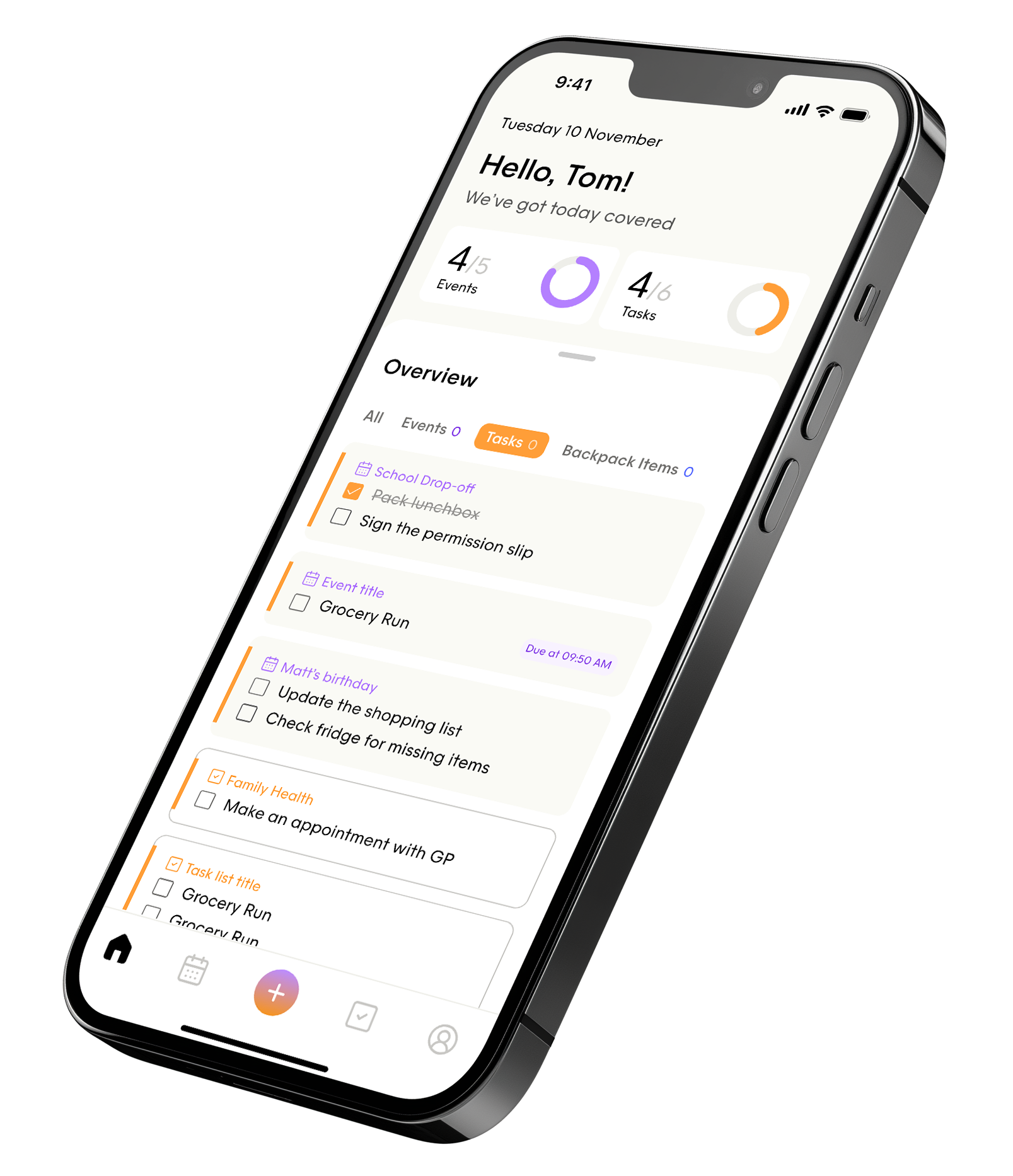 Youtine family app home screen showing shared routines and tasks